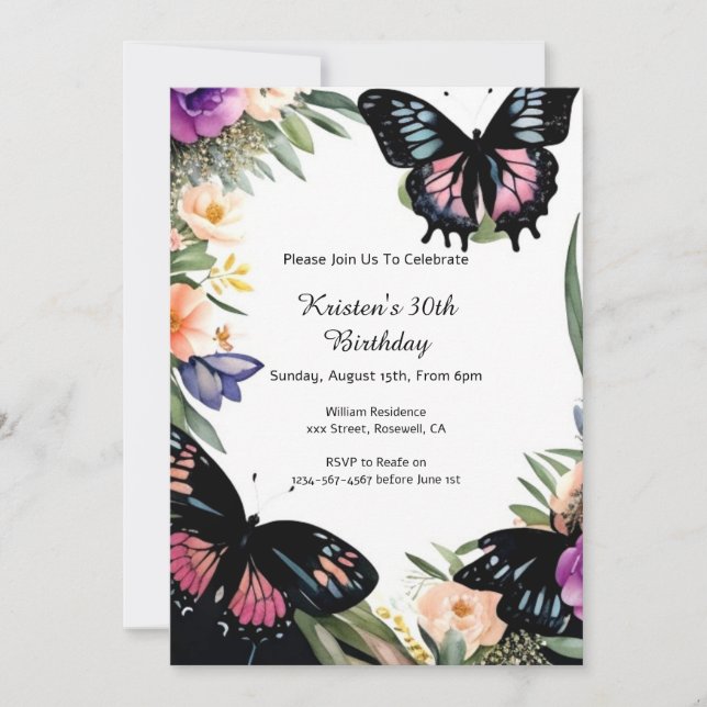 Invitación al cumpleaños de la mariposa simple (Anverso)