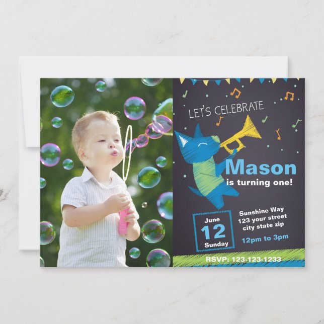 Invitación al cumpleaños de la música azul con fot (Anverso)