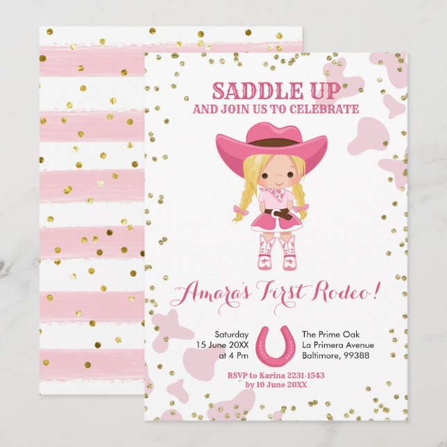 Invitación al cumpleaños de la niña de la vaca rub (Anverso / Reverso)