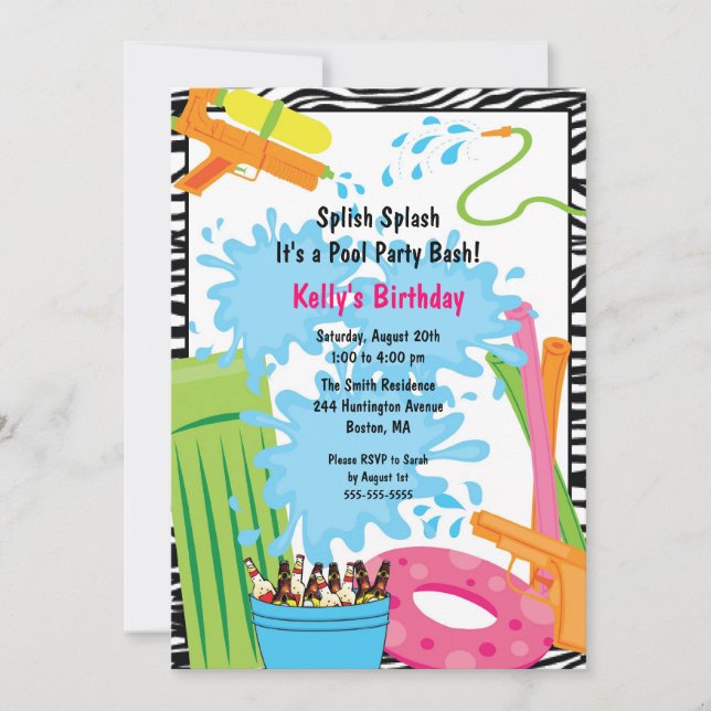 Invitación al cumpleaños de la piscina cuta (Anverso)