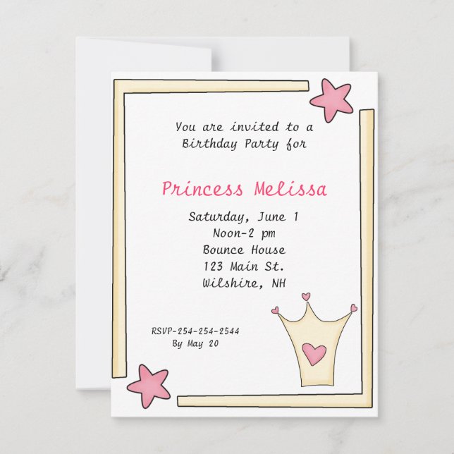 Invitación al cumpleaños de la princesa rosa Bonit (Anverso)