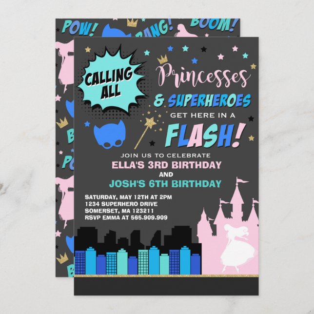 Invitación al cumpleaños de la princesa y la super (Anverso / Reverso)