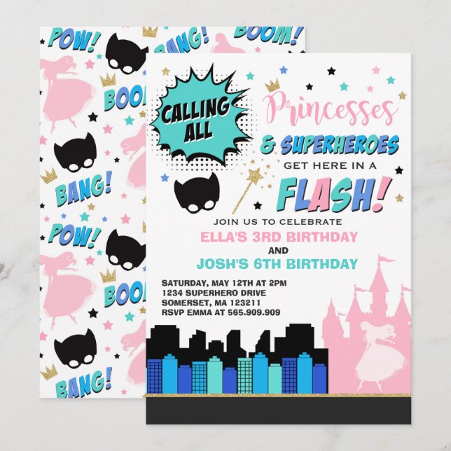 Invitación al cumpleaños de la princesa y la super (Anverso / Reverso)
