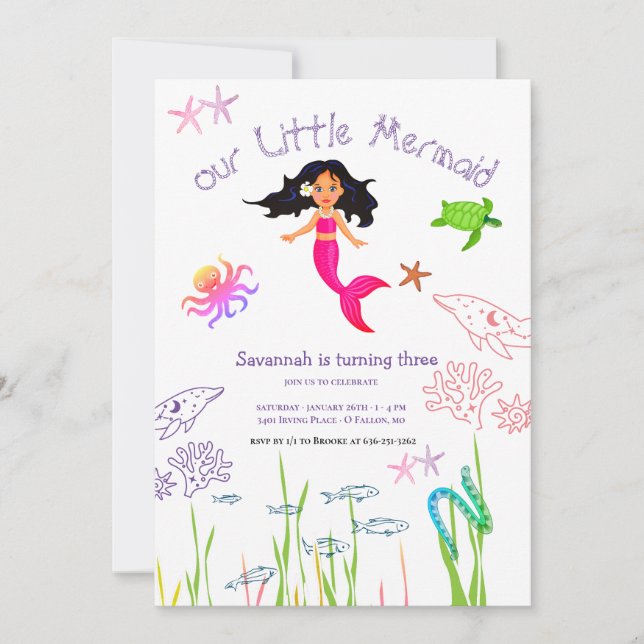 Invitación al cumpleaños de la sirena acuarela (Anverso)