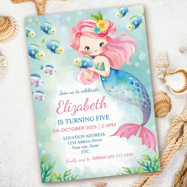 Invitación al cumpleaños de la sirena acuarela (Subido por el creador)