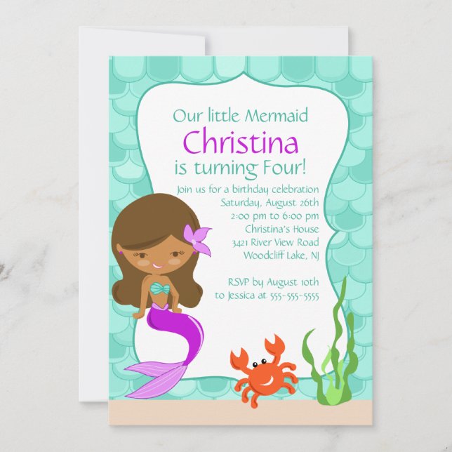 Invitación al cumpleaños de la sirena afroamerican (Anverso)