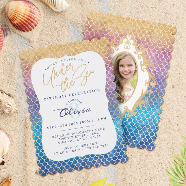 Invitación al cumpleaños de la sirena arcoiris (Rainbow Mermaid Scales Photo Birthday Invitation)