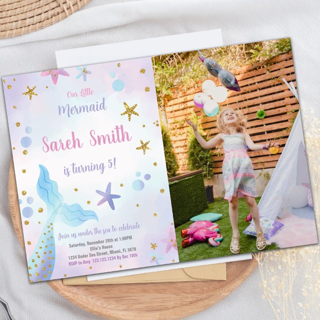 Invitación al cumpleaños de la sirena azul con fot (Blue Mermaid Birthday Invitations with photo)