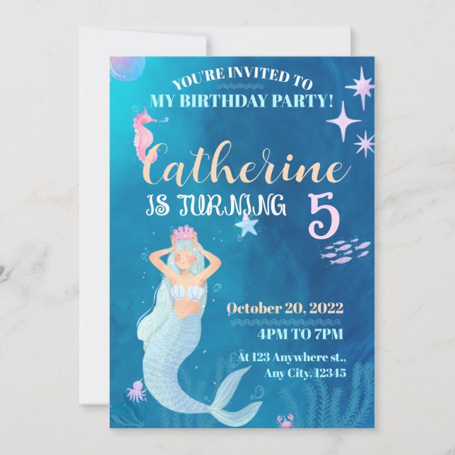 Invitación al cumpleaños de la sirena azul y rosa (Anverso)