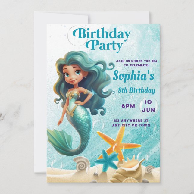 Invitación al cumpleaños de la sirena, bajo el mar (Anverso)