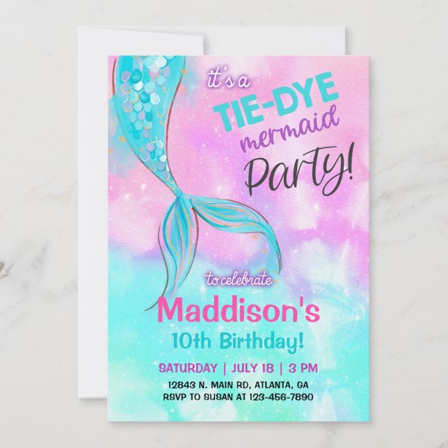 Invitación al cumpleaños de la sirena Chica TieDye (Anverso)