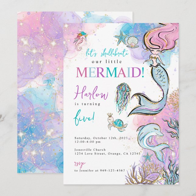 Invitación al cumpleaños de la sirena con color de (Anverso / Reverso)