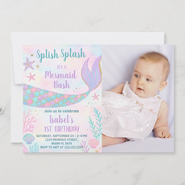 Invitación al cumpleaños de la sirena con foto (Anverso)