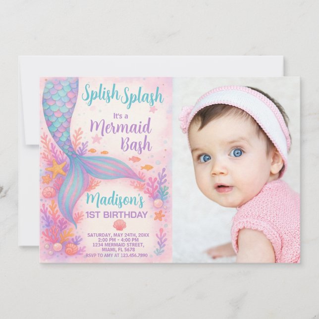 Invitación al cumpleaños de la sirena con foto (Anverso)