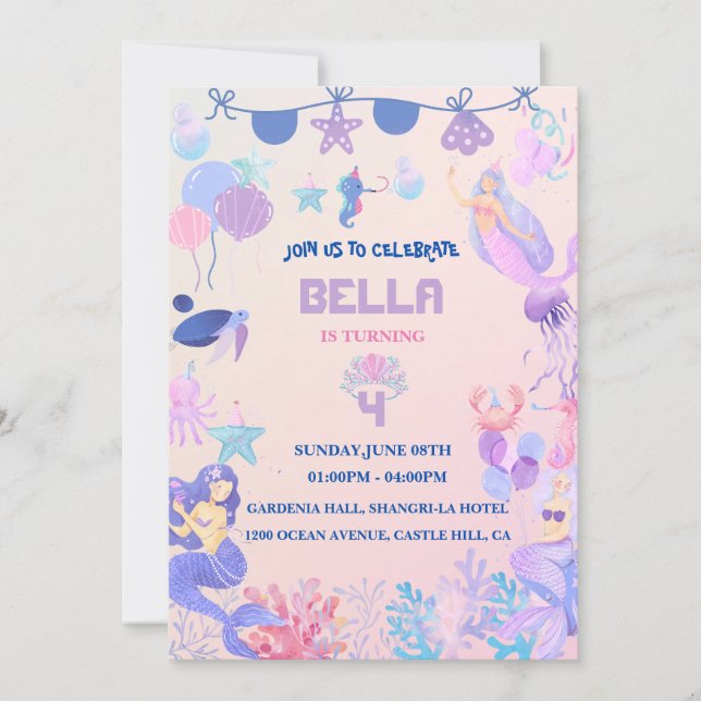 Invitación al cumpleaños de la sirena editable (Anverso)