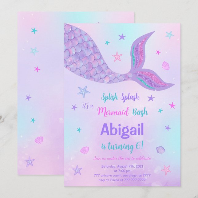 Invitación al cumpleaños de la sirena editable (Anverso / Reverso)