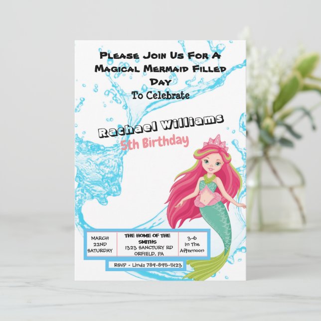 Invitación al cumpleaños de la sirena mágica (Anverso de pie)