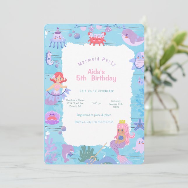 Invitación al cumpleaños de la sirena mágica (Anverso de pie)
