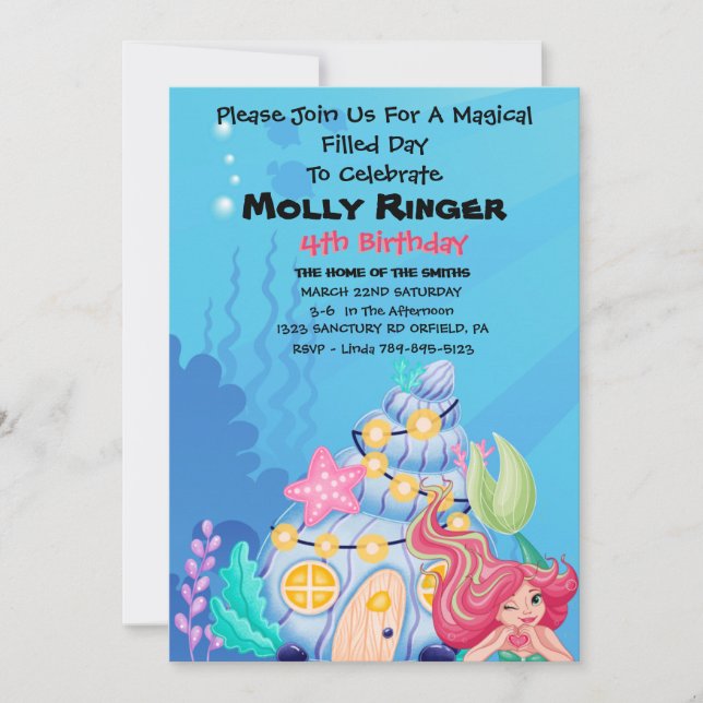 Invitación al cumpleaños de la sirena mágica (Anverso)