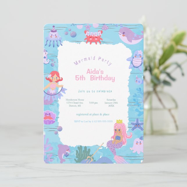 Invitación al cumpleaños de la sirena mágica (Anverso de pie)
