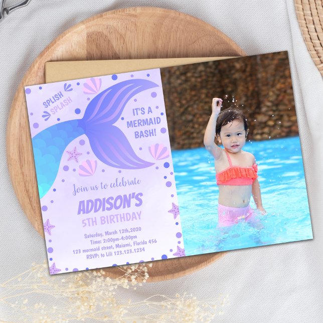 Invitación al cumpleaños de la sirena morada con f (Mermaid Purple Birthday Invitations with photo)