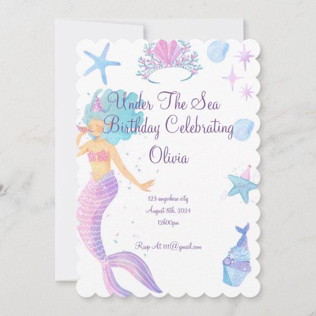 Invitación al cumpleaños de la sirena para Chicas  (Anverso)
