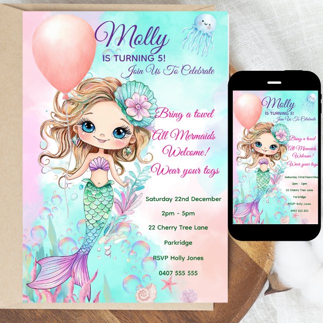 Invitación al cumpleaños de la sirena - Personaliz (Personalized Watercolor Mermaid Birthday Invitation | Editable Text | Digital or Printed | Coloring )