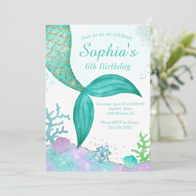 Invitación al cumpleaños de la sirena purpurina (Anverso de pie)