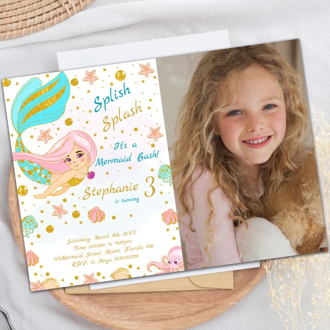Invitación al cumpleaños de la sirena Purpurina de (Photo Golden Glitter Mermaid Birthday Invitations)