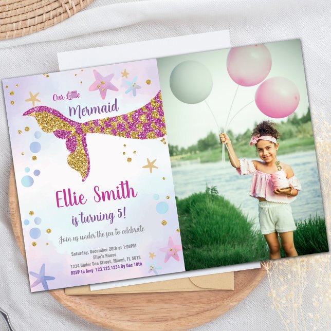 Invitación al cumpleaños de la sirena Purpurina ro (Pink Glitter Mermaid Invitations with photo)