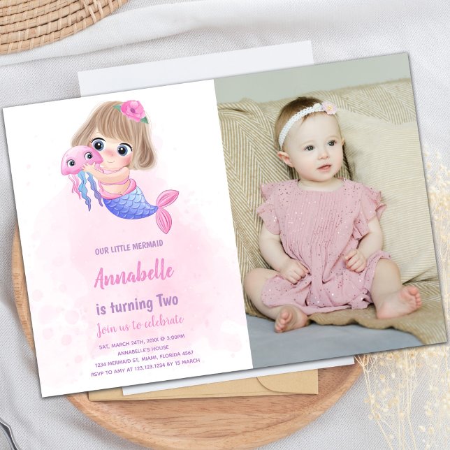 Invitación al cumpleaños de la sirena rosa con fot (Pink little Mermaid Invitations with photo)