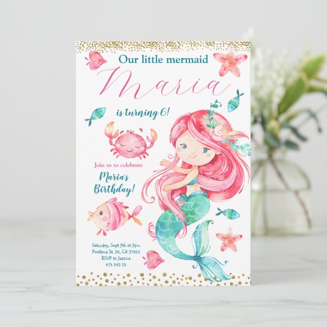Invitación al cumpleaños de la sirena rosa dorada (Anverso de pie)