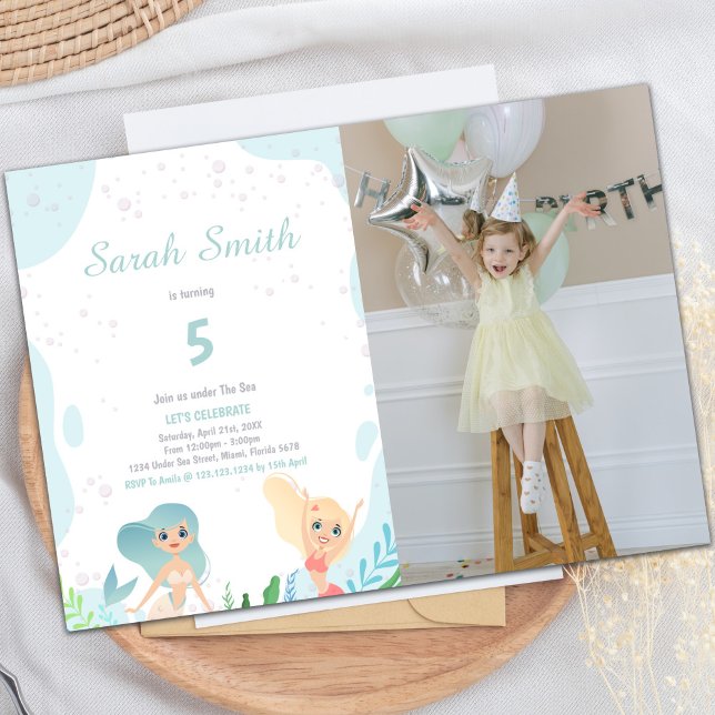 Invitación al cumpleaños de la sirena rubia con fo (Blond Mermaid Birthday Invitations with photo)