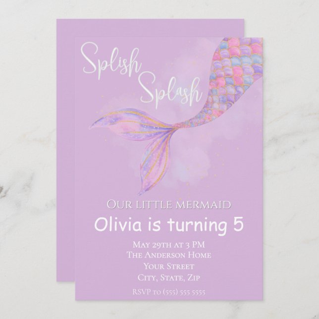 Invitación al cumpleaños de la sirena Splish Splas (Anverso / Reverso)