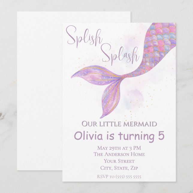 Invitación al cumpleaños de la sirena Splish Splas (Anverso / Reverso)
