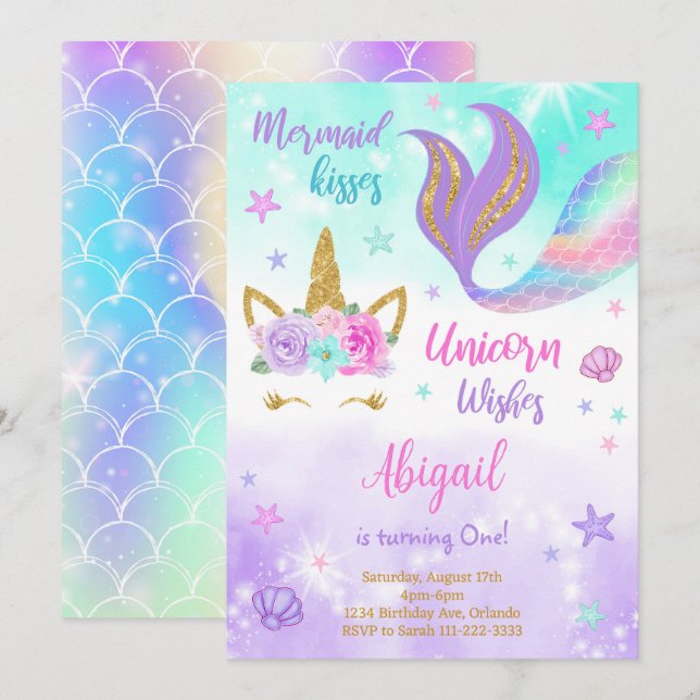 Invitación al cumpleaños de la sirena Verde azulad (Anverso / Reverso)