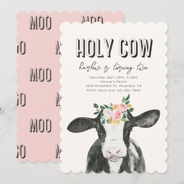 Invitación al cumpleaños de la vaca sagrada rosada (Anverso / Reverso)