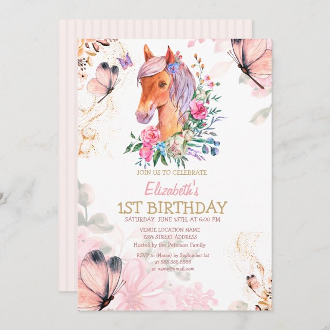 Invitación al cumpleaños de las mariposas Cute Pon (Anverso / Reverso)