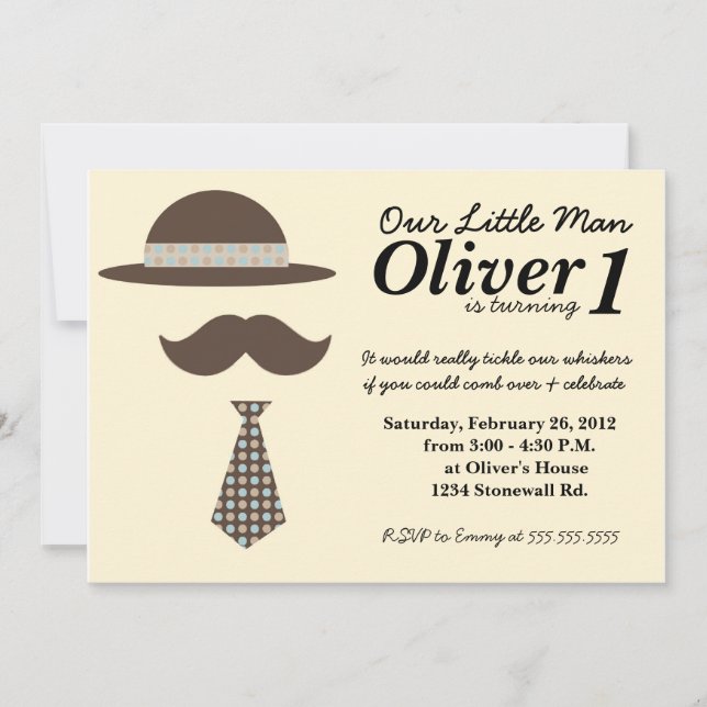 Invitación al cumpleaños de Little Man Mustache Ba (Anverso)