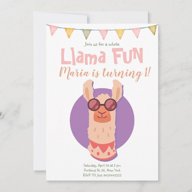 Invitación al cumpleaños de Llama Fun Cute Alpaca (Anverso)