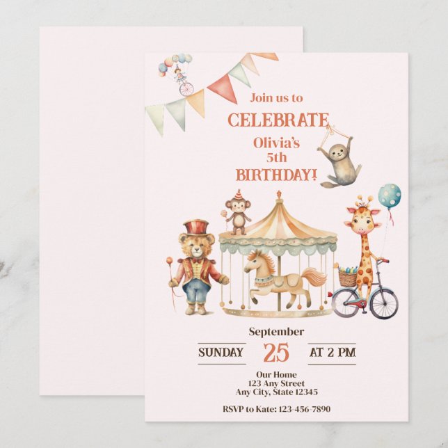 Invitación al cumpleaños de los animales de Circus (Anverso / Reverso)