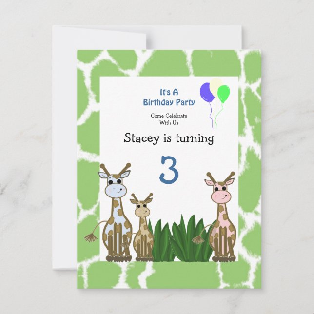 Invitación al cumpleaños de los animales de jirafa (Anverso)