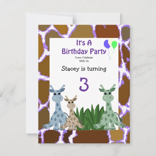Invitación al cumpleaños de los animales de jirafa (Anverso)