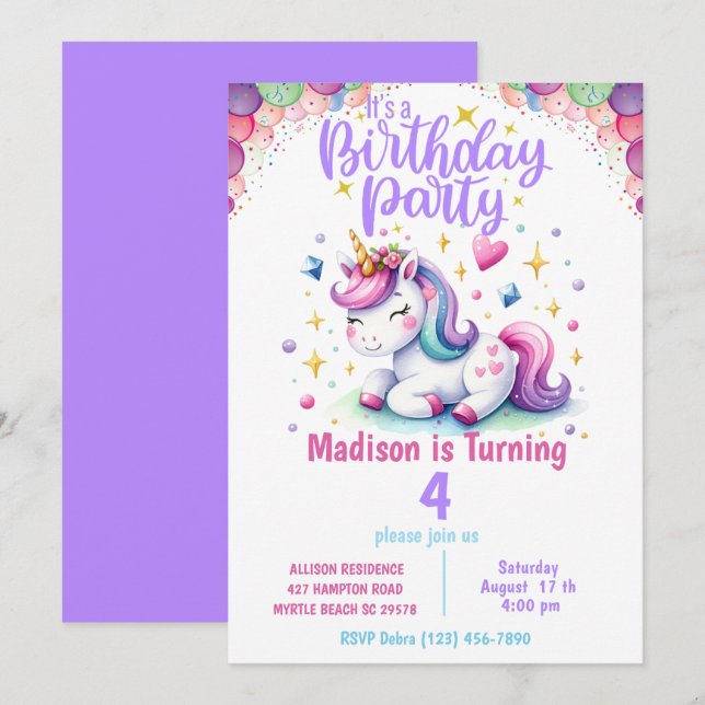 Invitación al cumpleaños de los Chicas unicornios  (Anverso / Reverso)
