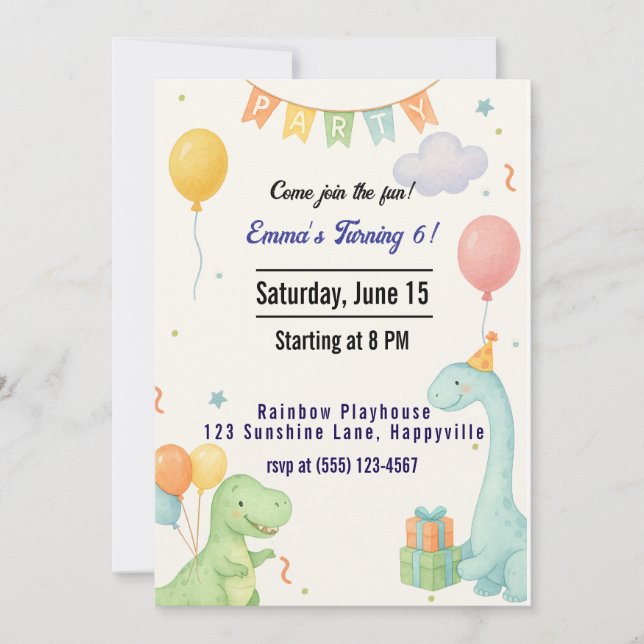 Invitación al cumpleaños de los dinosaurios cutáne (Anverso)