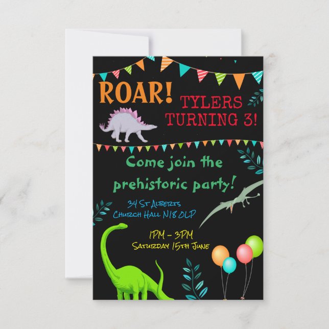 Invitación al cumpleaños de los dinosaurios prehis (Anverso)
