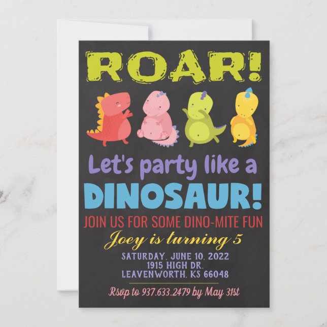 Invitación al cumpleaños de los dinosaurios roares (Anverso)