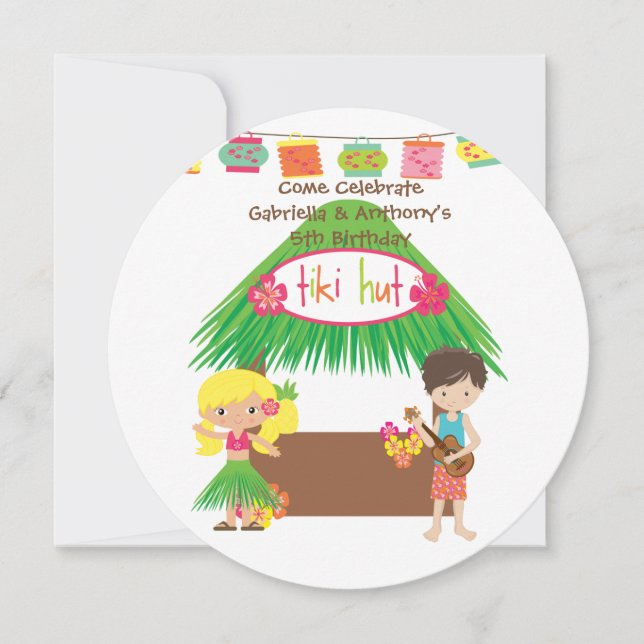 Invitación al cumpleaños de los gemelos Tiki Hut R (Anverso)