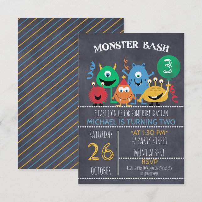 Invitación al cumpleaños de los niños a los Monstr (Anverso / Reverso)