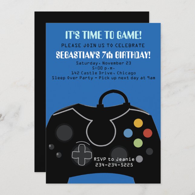 Invitación al cumpleaños de los niños con videojue (Anverso / Reverso)